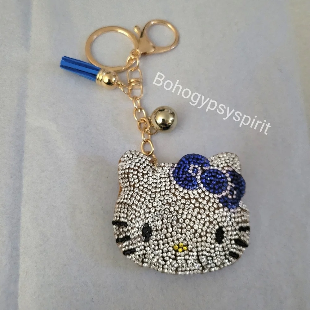 Hello Kitty Blue Bow Crystal Rhinestone Keychain Bag Charm With Tassel